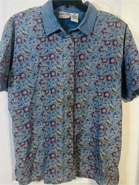 Vintage New Look 90s Floral Denim Button Down Shirt XL Y2K